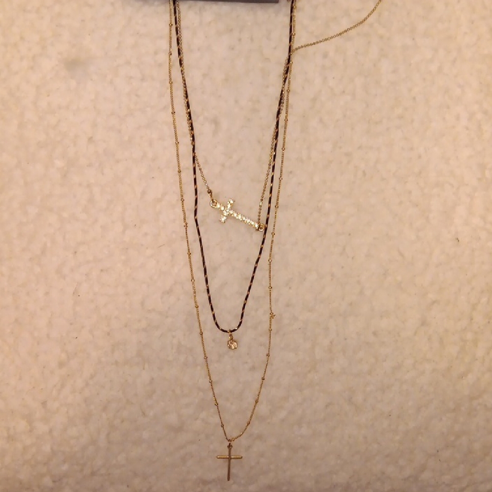 Express Gold Multi-Layered Necklace with Cross Pendant